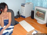 Russian teen brunette with shaved pussy masturbates on the