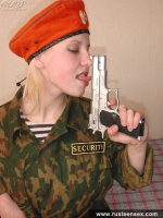 Russian teen in military uniform masturbates with dildo
