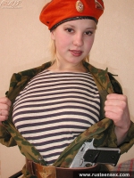 Russian teen in military uniform masturbates with dildo
