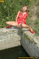 Outdoor pissing to the pool from concrete border