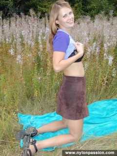 Pantyhose teen blonde plays with pantyhose outdoot - N