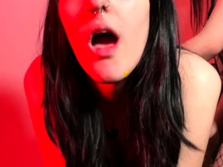 Sexy brunette lesbians in stockings strap on fucking