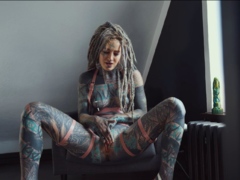 Gorgeous Tattooed Girl Fucks Her Ass With A Big Dildo