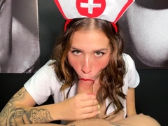 Slutty nurse visits me and ends up swallowing the cum after