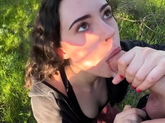 Amazing busty brunette slut doing blowjob outdoor