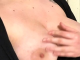 Busty curly brunette with big boobs fucks on couch
