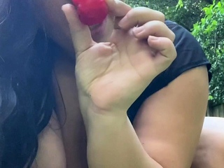 Busty curly brunette with big boobs fucks on couch