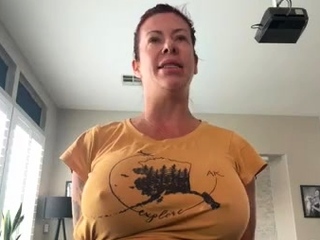 Busty curly brunette with big boobs fucks on couch